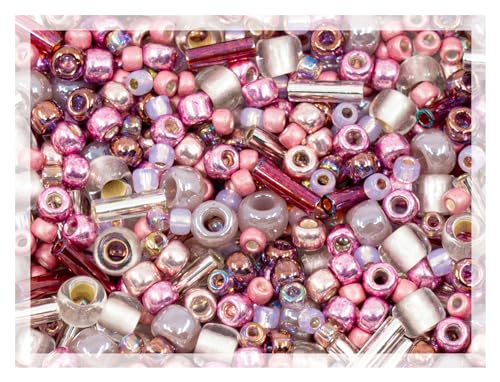 0.35oz (10g) Mix of Small Rocailles, Seed Beads & Bugles 2-10mm TOHO Japanese Glass Beads, Mix TOHO Pink (Like 3215 - Hime) - color: Pink Hime Mix - Mixed (2-10mm)