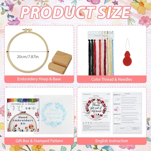 ElasignShopo Embroidery Kit for Beginners Adults – Funny Please Get Out of My House Cross Stitch Kit, Floral Butterfly Pattern Embroidery Starter Set with Hoop, Needles, Threads & Instructions - color: Funny Flower