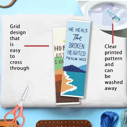 FREEBLOSS 11CT 6 Set Cross Stitch Bookmark Kit Landscape Stamped Embroidery Bookmark Kit with Instructions 6 Back Felt Bookmarks Making Set for Adults Book Lovers, 8"x2.4" - style: Minimalist Landscape