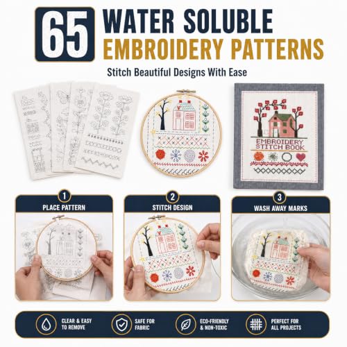 Homentry Embroidery Kit for Beginners | Gift Box with Full Set | Video Tutorial, 3pcs Hoops, 106 Patterns, 65 Water Soluble Designs, 86PCS Sewing Supplies | Starter Cross Stitch Book Kit