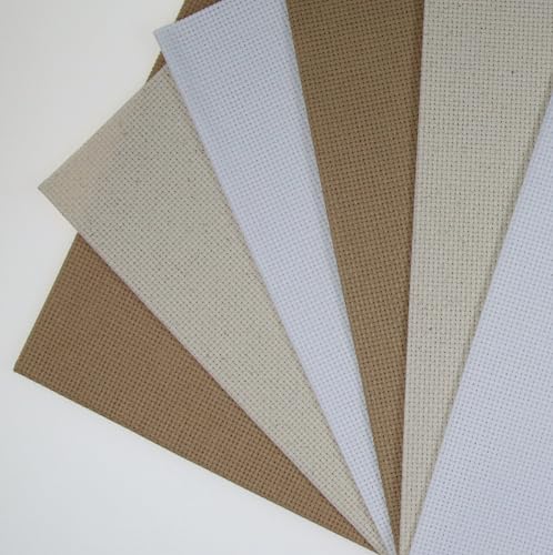 KCS 6 pc of 12" x 18"(30cmx45cm) 14CT Counted Cotton Aida Cloth Cross Stitch Fabric (White+Oatmeal+Khaki) - color: White+oatmeal+khaki
