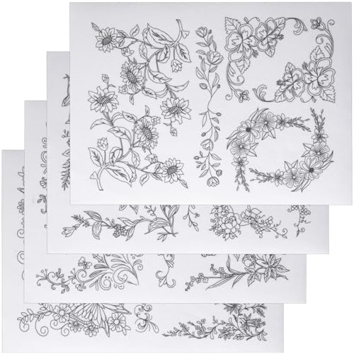 STSTR 4 PCS Flower Water Soluble Embroidery Patterns, Stick and Stitch Embroidery Transfer Patterns, Floral Embroidery Paper for Women Clothes Bags Hats (White, Black)