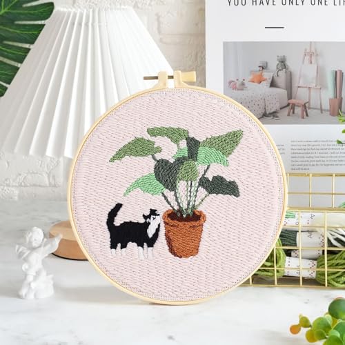 KESTAR Punch Needle Embroidery Starter Kits, Black and White Cat Plant Punch Needle Kits for Adults Beginner, Needle Punch Kit Tool with Instruction Threader Fabric Yarns and Hoop - color: Black White Cat
