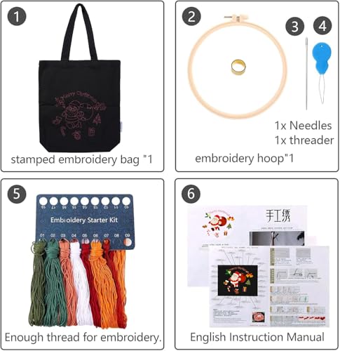 CREAWONDER Canvas Tote Bag Embroidery Kit with Pattern for Beginners, Arts and DIY Embroidery Crafts Kits for Adults, Include Instructions, Thimble, Embroidery Hoops, Color Threads and Tool - color: CR002 SantaClaus