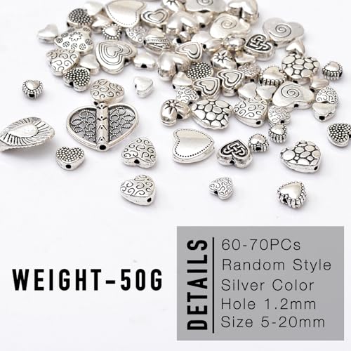 stino Silver Metal Spacer Beads for Jewelry Making, Heart Butterfly Flower Fish Beads for Bracelet Necklace Earrings,Jewelry Findings & Supplies, 50g (Heart (60pcs)) - color: Heart (60pcs)