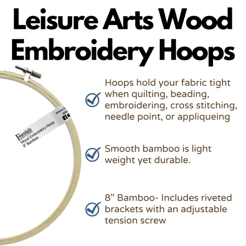 Essentials by Leisure Arts 8 Inch Bamboo Embroidery Hoop with Adjustable Tension Screw, Smooth Lightweight Hoop for Cross Stitch, Needlepoint, Quilting and Sewing