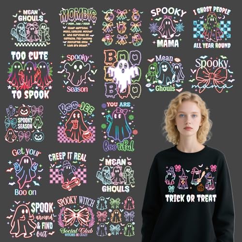 Halloween Iron on Patches for T-Shirts - 20 Pcs Cut Ghost Dtf Transfers Ready to Press, Bat Bow Colorful Heat Transfer Designs Vinyl Stickers, Iron on Decals for DIY Clothes Bags - color: Halloween
