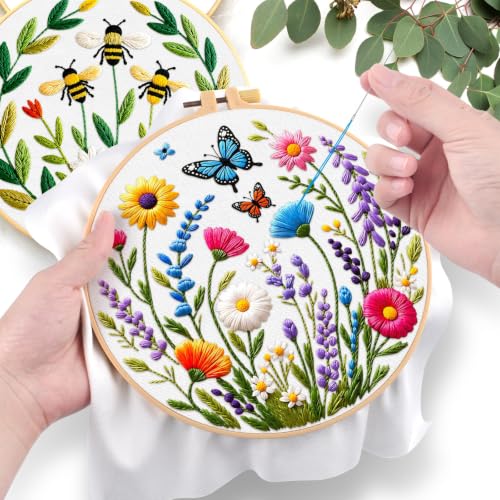 ERKOON 2 Set Embroidery Kit for Adult Beginners Flower Bee Cross Stitch Set - color: Flower Bee