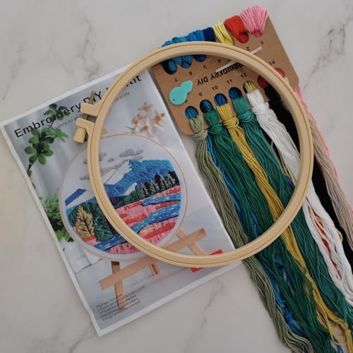 Esffaci Embroidery Starter Kit for Adult Beginner with Mountain Landscape Tree Flower Scenery Pattern Hand Embroidery Set with Embroidery Cloth Floss Hoop Needle Threader and Instruction - color: Scenery