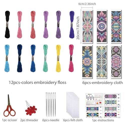 FREEBLOSS 6 Set Cross Stitch Bookmark Kit 11 CT Complete Stamped Cross Stitch Kit DIY Embroidery Bookmark Kits for Adult Beginners with Instructions, Retro Floral Pattern, 6 x 20 cm/8" x 2.4" - style: Retro Black Background