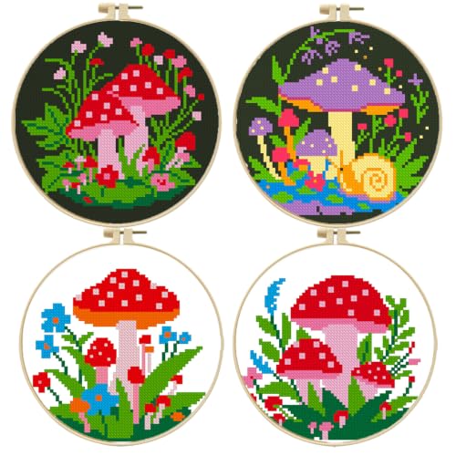 FEIYUENO 4 Pack Cute Plant Cross Stitch Embroidery Kit for Adults, Mushroom - color: Mushroom