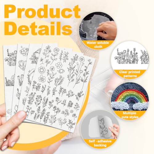 4 Sheets Water Soluble Embroidery Stabilizers 11.69x8.27 Inches Pocket Flower Stick and Stitch Embroidery Paper Adhesive Embroidery Transfer Paper for Shirts Coats Bags - style: Pocket Flower