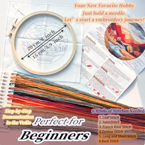 FONNUY Embroidery Kit for Beginners, Brightly Colored Landscape Lake Pre-Stamped Pattern Kits for Adults with Hoop, Easy to Follow Color Thread Needlework, 8'' Hoop (SkyBlue) - color: SkyBlue