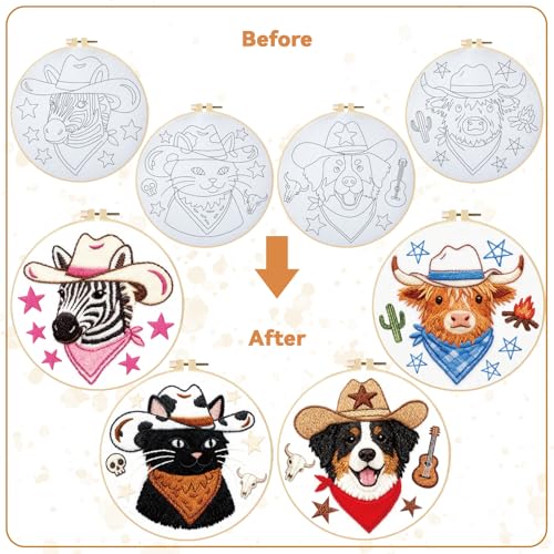 BEUNITONE 4 Set Embroidery Kit for Beginners, Animal Cowboy Patterns Cross Stitch Kits, Needlepoint Kits for Adults with Hoop, Cute Hand Embroidery Patterns for Cloth and Home Decor - style: A-Cowboy Animals