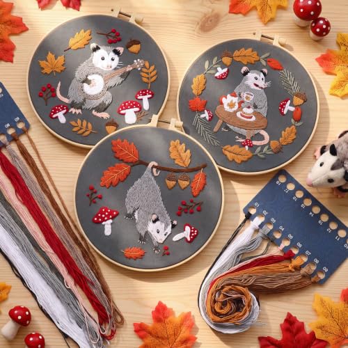 Mindsoft 3 Set Needlepoint Kit for Beginners with Hoop,Autumn Possum - style: Autumn Possum