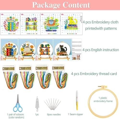 Zhenqing 4 Themes Cross Stitch Kit Set - 11CT 9.45x9.45Inch, Coffee/Books/Cats/Floral Designs, DIY Embroidery Kit with Full Tools (Hoops, Scissors, Tassels) & Guide, Cozy Home Decor Gift(69601) - color: 69601