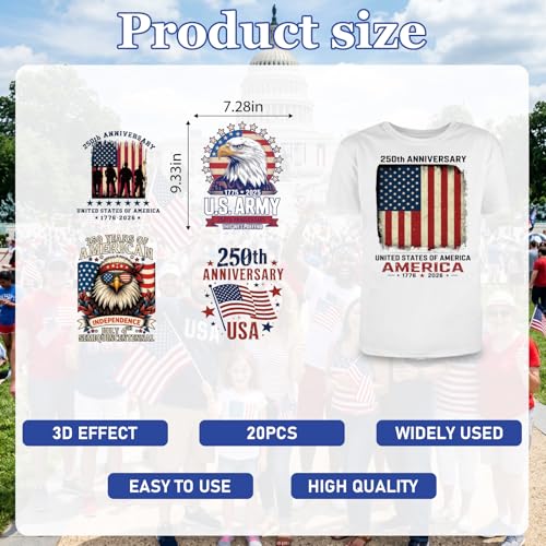 20Pcs Papiailove 250th America Anniversary Dtf Transfers Ready to Press 4th of July Iron on Transfers for Tshirts Independence Day Transfer Vinyl Stickers for Clothing Pillows Bag DIY Crafts - color: 250th Anniversary