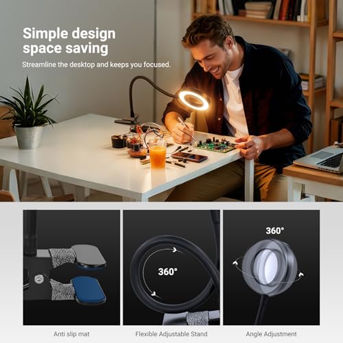 NEEWER Entry Level Version 10X Magnifying Glass with Light/Clamp Stand, 3.7" Bi Color Dimmable Magnifier Lamp Clip on Small LED Ring Light, 3 CRI80+ for Desk Crafting Reading Close up Work, N34 - style: N34