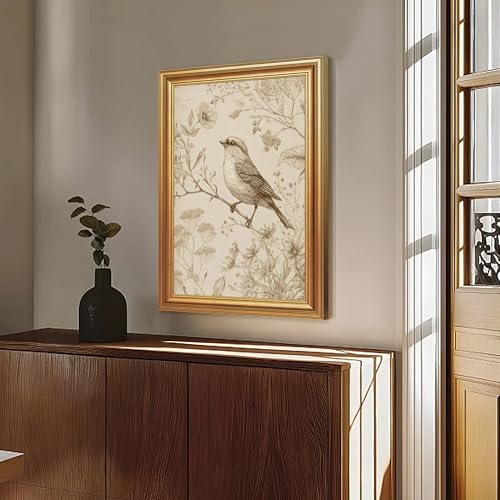 Wojuin Antique Style Sparrow Floral Etching Framed Canvas Wall Art 16x24 in - color: Sparrow, size: 24"L x 16"W