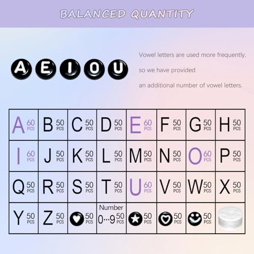 Amaney 1600pcs Black Letter Beads 4x7mm Round Acrylic Alphabet A-Z Number Star Smiley Beads and Heart Pattern for Jewelry Making - color: Black&heart, size: 7x4mm