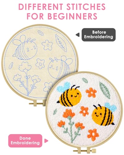 TINDTOP Punch Needle Kits, DIY Punch Embroidery Kits for Adults Beginner, Tool with Punch Needle Fabric, Hoops, Yarns and Sewing Needles (Set E) - color: Set E
