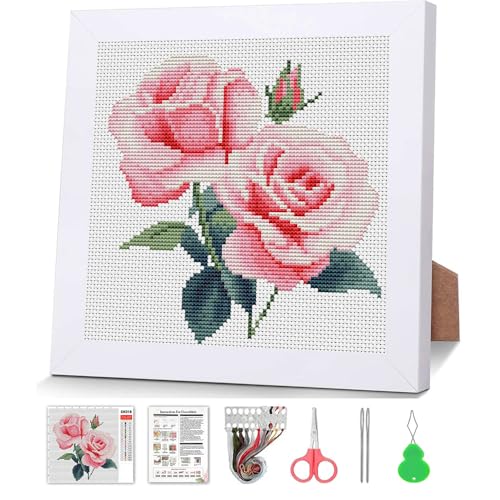 Pink Roses Stamped Cross Stitch Kits for Adult Beginner with Wooden Frame - color: Peony Cross Stitch with Framed