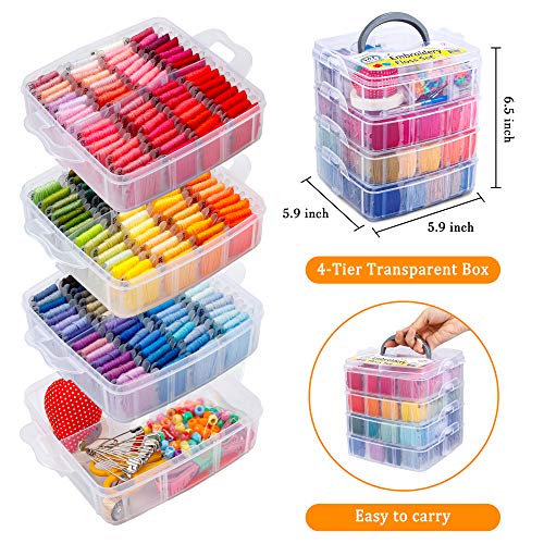 INSCRAFT 403 Pack Embroidery Kits for Adults, 250 Colours Embroidery Threads, Cross Stitch Kits for Beginners Bracelet and Craft Making, 153 Pcs Cross Stitch Tool, 4-Tier Transparent Craft Storage Box