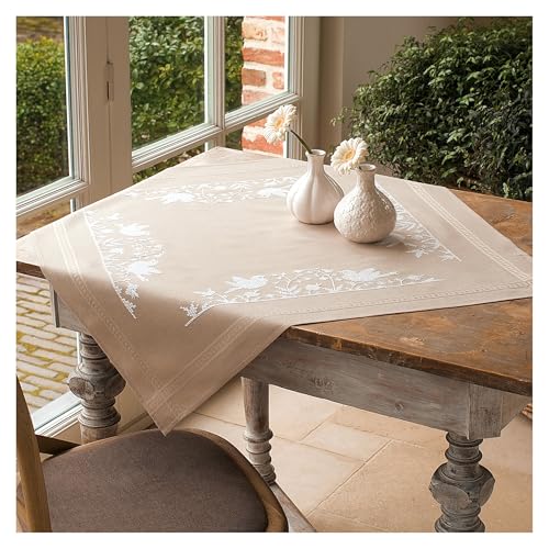 Vervaco Stamped Cross Stitch Tablecloth Kit Singing Birds DIY Embroidery Table Decoration Kit ca. 32" x 32" Art and Craft Supply Creative Activities for Adults Housewarming Gift for Crafters - size: White Birds