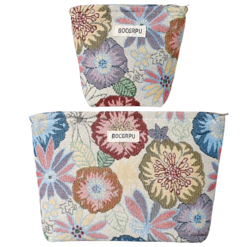 2 PCS Makeup Bag Set Cute Small Cosmetic Bag for Purse - color: Flower Garden White