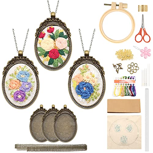 ZOCONE 3 Packs Embroidery Necklace Kit, Embroidery Pendant Kits Mini Cross Stitch Kit with Hoop, Necklace, Pendant, Beads, Stamped Pattern Cloth, Instructions, etc., Embroidery Kits for Adults - color: Gold Beads-G