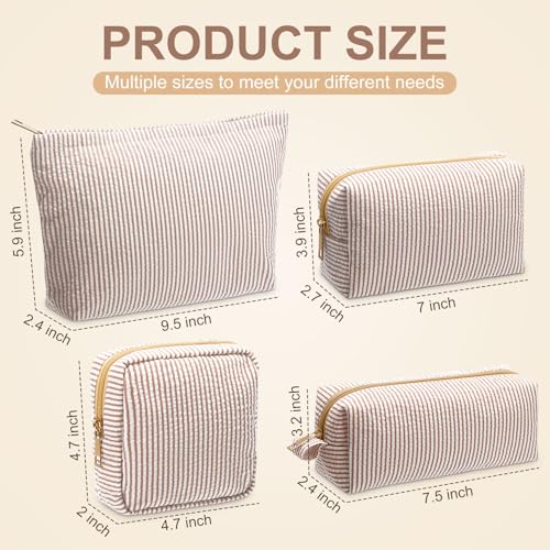 Sanwuta 4 Pcs Seersucker Pouch Striped Makeup Bag Set, Khaki - color: Khaki