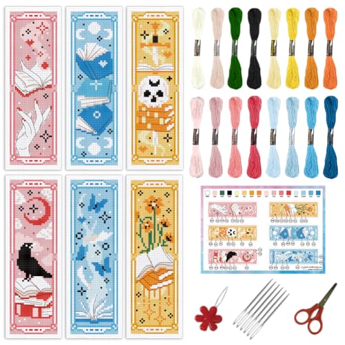 INFUNLY 6pcs Books Cross Stitch Bookmark Kit for Beginners DIY Butterfly Flower Stamped Embroidery Bookmark Kits Moon Bird Needlepoint Kit with Instruction Easy Cross Stitch Set for Book Lovers Reader - style: Dreamy Books