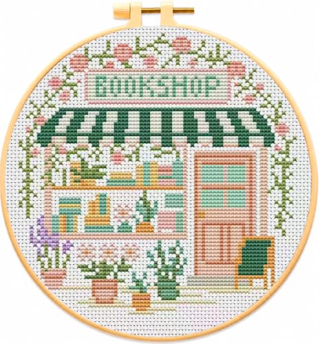 VIGEGU Bookstore Stamped Cross Stitch Kits for Adults Beginners with Frame - color: Cross-Stitch bookstore