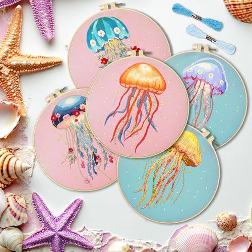 INFUNLY 5 Sets Jellyfish Embroidery Kits for Beginners DIY Cross Stitch Starter Sets with Instructions Colorful Jellyfish Flower Needlepoint Kits with Embroidery Cloth Colored Threads Hoops Tools - style: Jellyfish