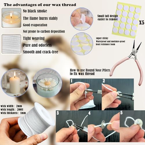 155PCS Adjustable Candle Hole Drill Needle with Candle Wick Roll 200 Ft,Candle Making Kits to Insert Wick in Silicone Molds,Mold Hook & Eye Punch Needle,Big Hole Long Needle,Stickers,Center Holder - color: 155PCS