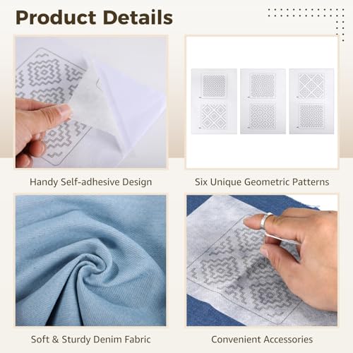 DORMIYA Sashiko Kit for Beginners, Water-Soluble Sashiko Thread and Needles Set, Pure Fabric Sashiko Stencil Kit, Versatile Sashiko Supplies, Embroidery Transfer Templates for DIY Crafts - color: Style 3