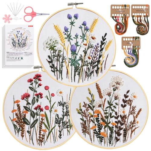 Santune 3 Pack Embroidery Kit for Beginners, Needlepoint Cross Stitch Kits for Adults,Needle Point Sets with Stamped Wild Flower Pattern Stitch Video Tutorial - color: Wild Flower Patterns