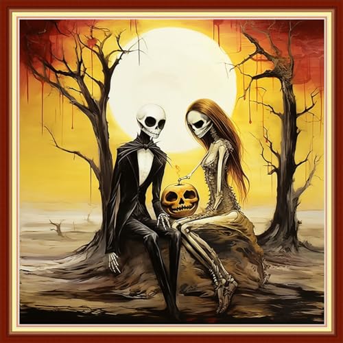 Disxvivy Cross Stitch Stamped Full Embroidery Kits DIY 11CT Cotton Thread Printed DIY Needlepoint Kits Craft Needlework Set Cross-Stitch Stamped Sets- Skeleton Couple 18x18 inch - color: Artstyle04