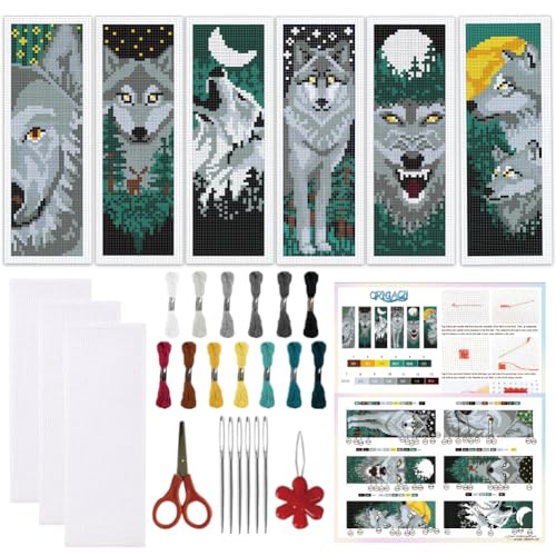 ORIGACH 6 Set Wolf & Forest Cross Stitch Bookmark Kit for Beginner - style: Wolf & Forest
