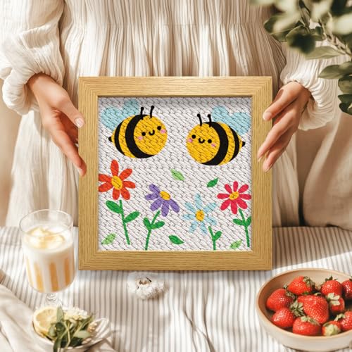 BEUNITONE 2 Sets DIY Punch Needle Kits for Beginners,Bee Pre-Printed Pattern,Embroidery Punch Needle Starter Kits for Adults,Includes Pre-Printed Cloth,Yarns,Hoops,Threader and Instructions - color: 10-Bee