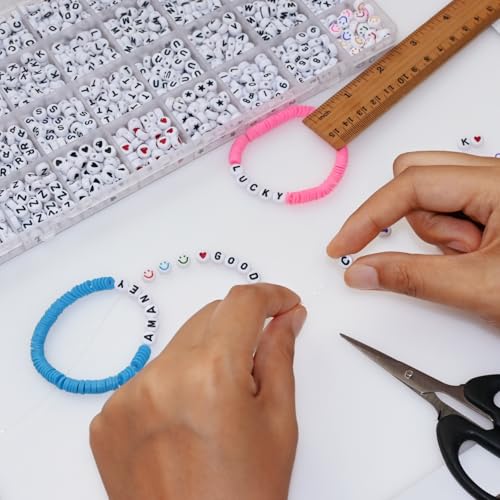 Amaney 1600pcs Acrylic Letter Beads - 4x7mm White, A-Z 31 Styles for Jewelry Making Bracelets, Necklaces, Key Chains - color: White&hearts, size: 7x4mm