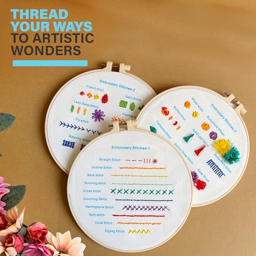 Beginner Embroidery Kit – Learn 28 Stitches – DIY Embroidery Set with 3 Hoops, Stamped Patterns, Needles, Scissors, Thread – Complete Cross Stitch Kit for Adults, Teens, Beginners & Crafters - color: Beginner Practice Patterns