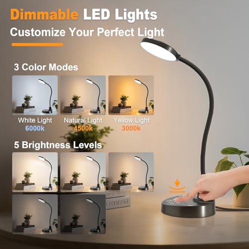 15W LED Desk Lamp with USB Charging Ports, [Button & Remote Control] Dimmable Table Lamp with 3 Color Modes, 5 Brightness Levels, 4 Timers, Flexible Reading Light for Home Office, Bedroom, Kids Study - color: Black, size: 3.5'' Lamp with Remote