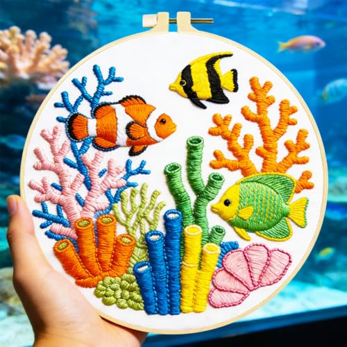 ACRNIGHEET 6PCS Embroidery Kit for Adults Beginners, Needlepoint Kits for Adults, Embroidery Starter Kit, Stamped Cross Stitch Kits for Crafts Lovers Gift Idea, Include Instructions(Ocean)