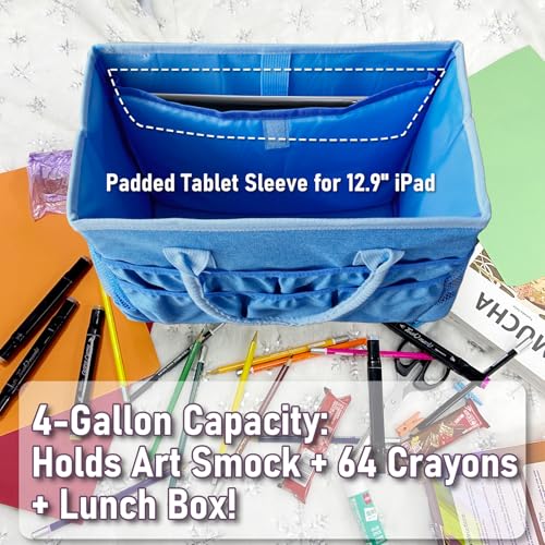Cupohus Craft Organizer Tote Bag – Craft Caddy with 2 Mesh Side Pockets & Front Elastic Pockets, Foldable Large Capacity Supply Storage Bag for Sewing, Knitting, Painting, and Travel (Blue) - color: Blue