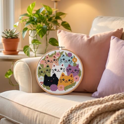 Stamped Cross Stitch Kits for Beginners Adults-Cat,with Embroidery Hoop - color: Cat-2605