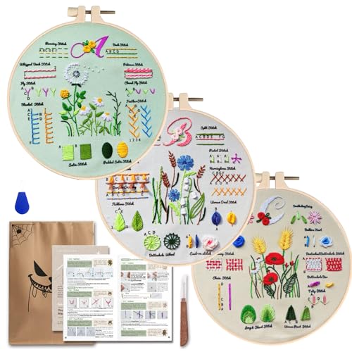 TenDawn Embroidery Kit for Beginners – 3PCS Floral Sampler Patterns, DIY Hand Embroidery Starter Set for Adults & Kids, Learning Stitches Craft Kit Gift