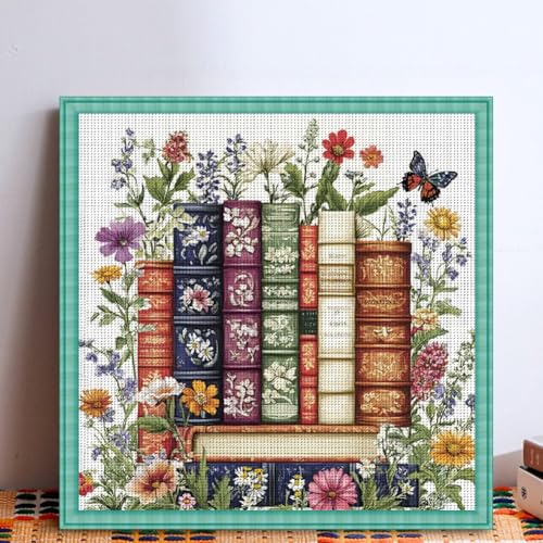 KYOQFVN Flower Stamped Cross Stitch Kits - Book Counted Cross Stitch Kits for Beginners, Needlepoint Cross-Stitch Patterns Dimensions for Home Decor 14×14 Inch - color: SZXBOOK-US