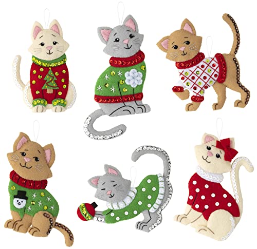 Bucilla Felt Applique 6 Piece Ornament Making Kit, Cats in Ugly Sweaters, Perfect for DIY Arts and Crafts, 89381E