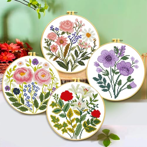 Zhenqing 4-Piece Floral Cross Stitch Kit for Beginners - 11CT 24x24cm Christmas Embroidery Set with Pre-Printed Fabric, Hoop, Threads & Tools(70526) - color: Floral-4 Piece